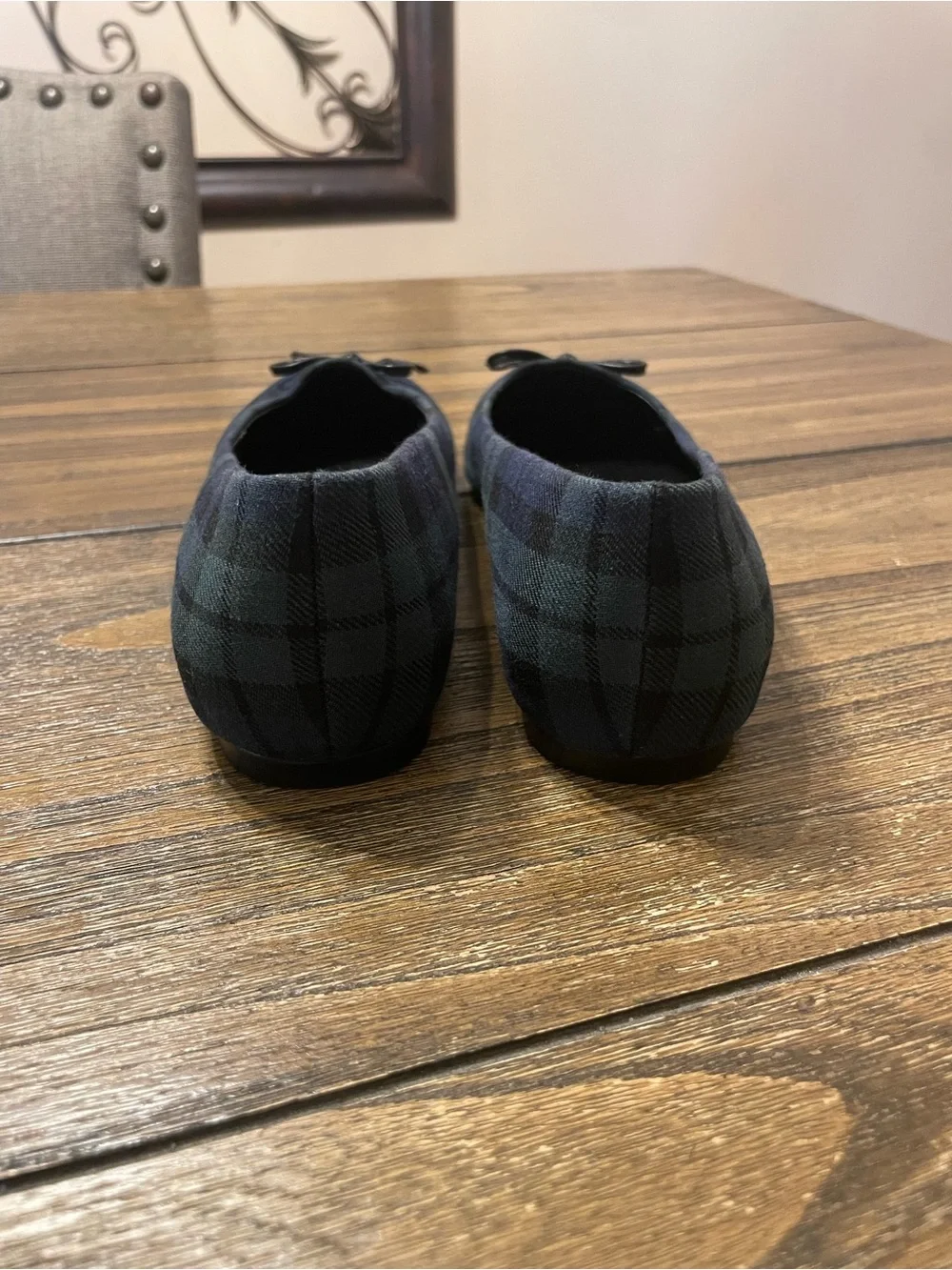J.Crew Tartan Plaid Pointed Toe Bow Flats Women’s Size 7 Navy Green Preppy Twee